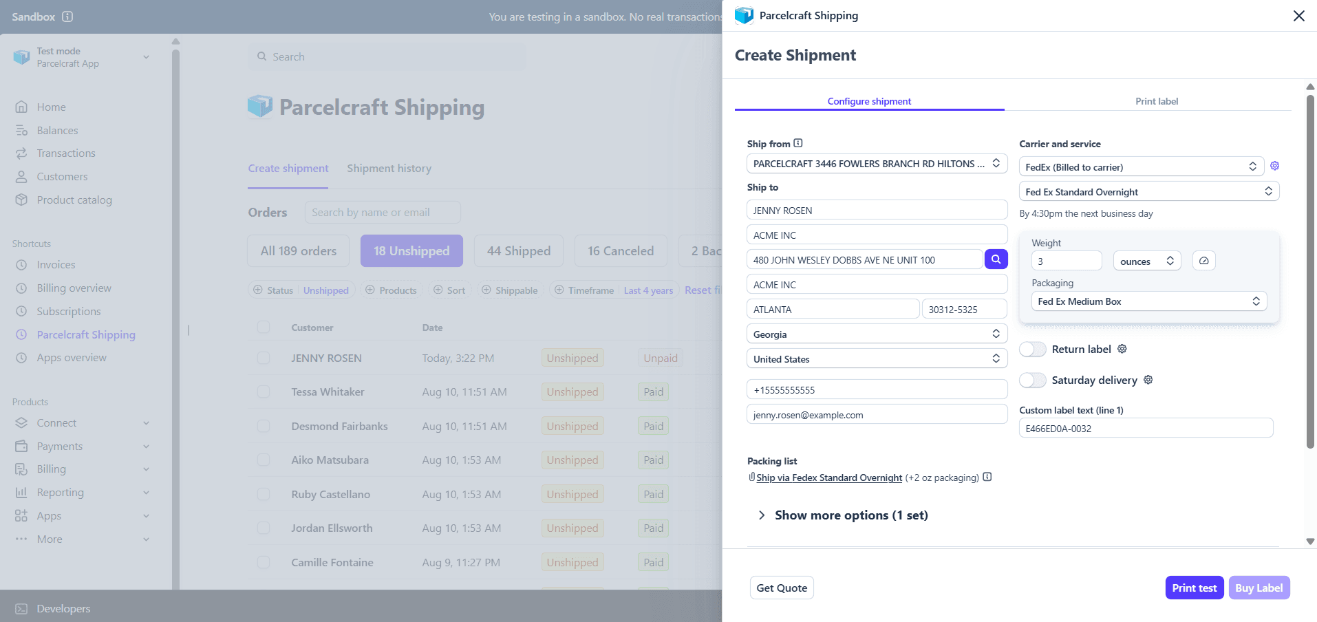 Animation — creating a shipping label from a Stripe payment