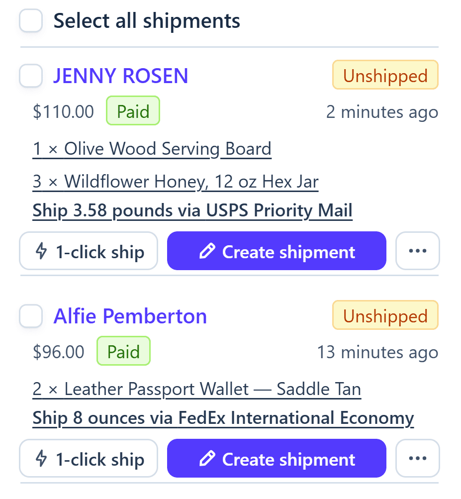 Screenshot — the Parcelcraft shipping queue inside the Stripe Dashboard