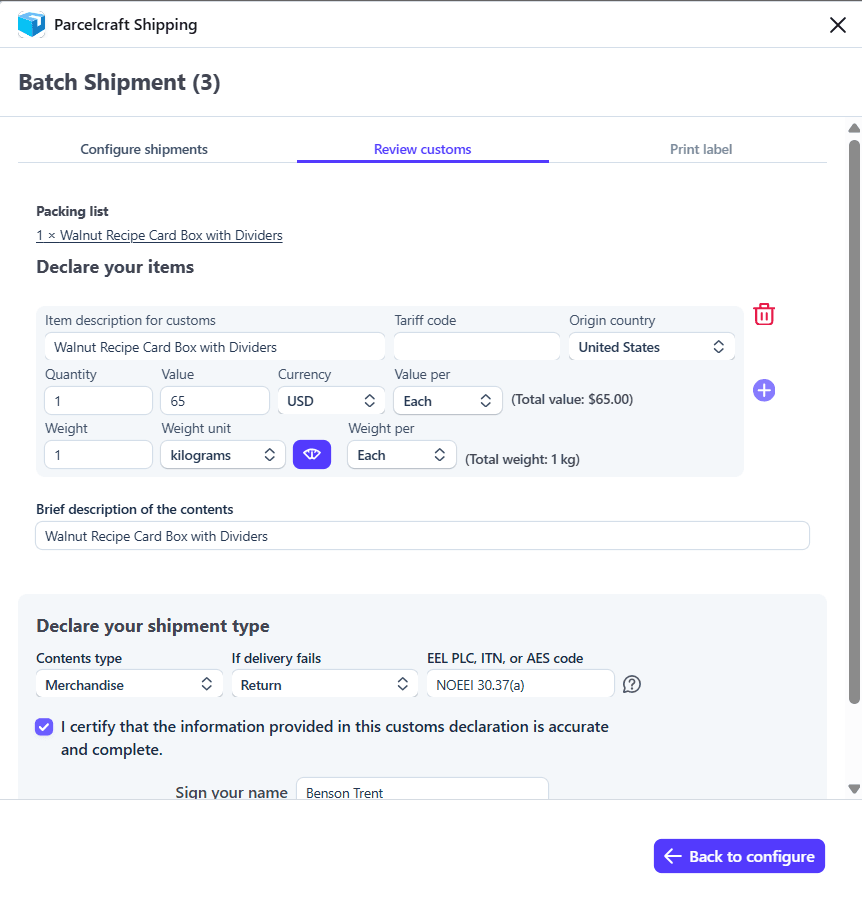 Screenshot — customs declaration and tariff codes on an international shipment