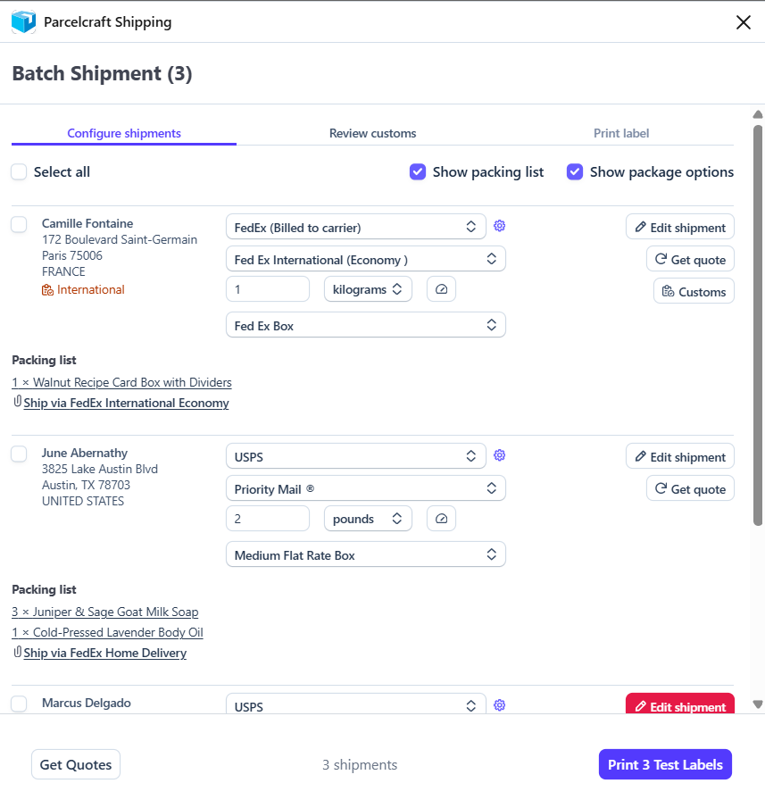 Select multiple orders and create shipments in bulk