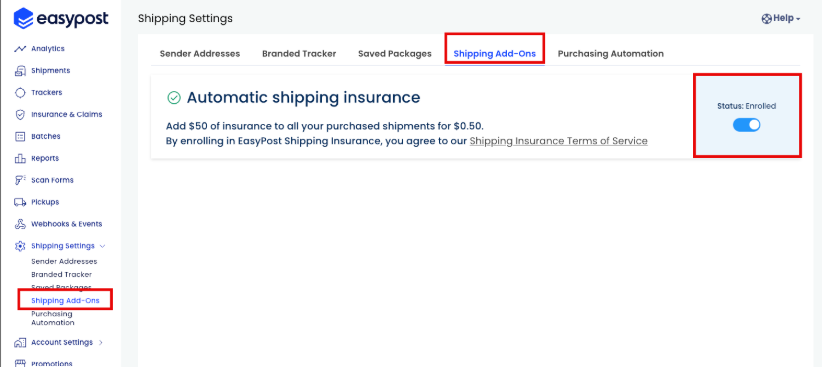 Automatic shipping insurance toggle in the EasyPost dashboard
