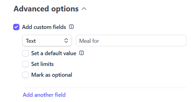 Adding a custom field under Advanced options in the Stripe payment link editor