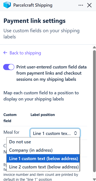 Mapping a custom field to a label position in Payment link settings