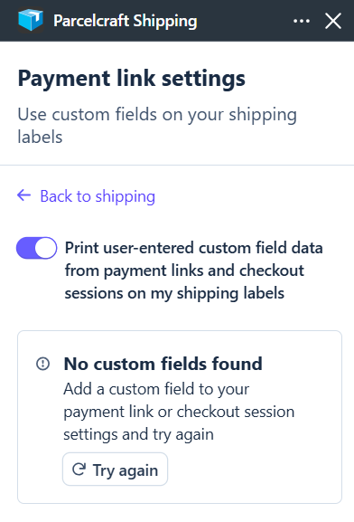 The Payment link settings view showing the "No custom fields found" notice